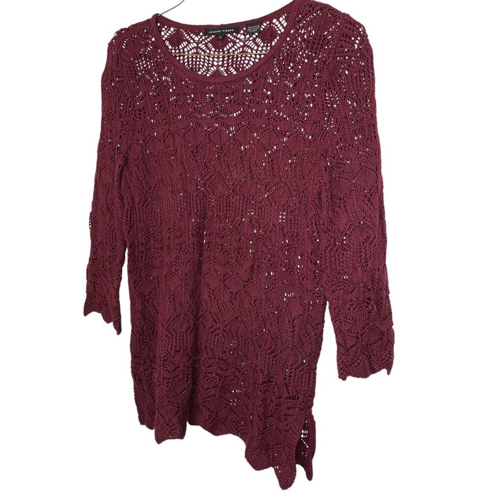 Jeanne Pierre Burgundy Crochet Knit Sweater Women’s Small 3/4 Sleeve Cotton